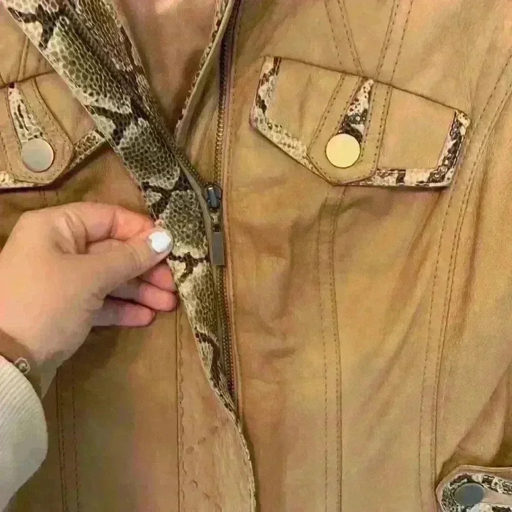 Etcetera tan leather snakeskin jacket sz 2 preppy moto 90s fall winter *flaw - Picture 4 of 13